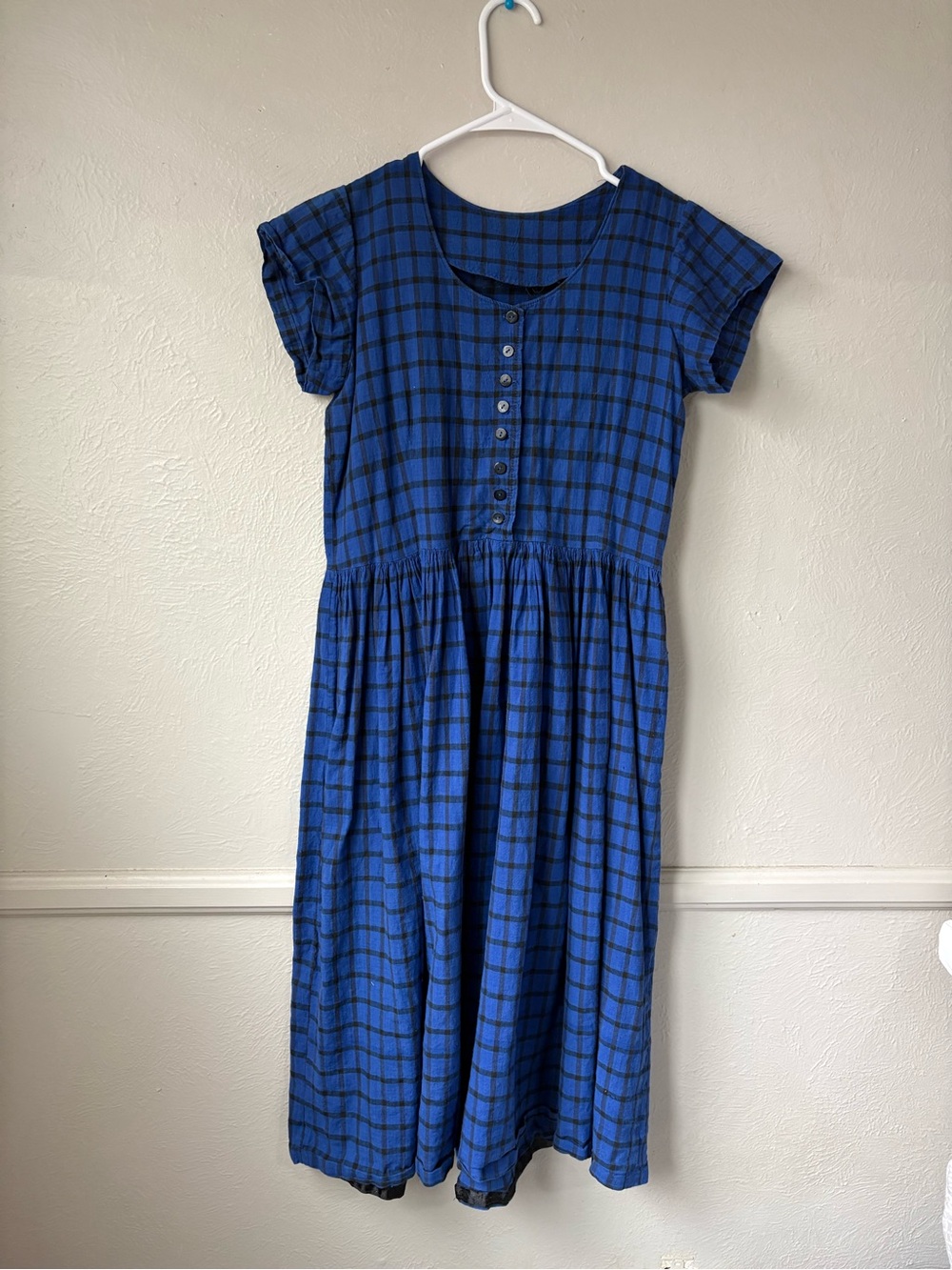 Vintage Blue Plaid Button-Front Midi Dress size S/M